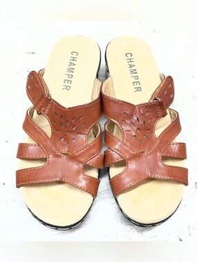 Camper Women's Tan Brown Leather Cutout Slide Sandals